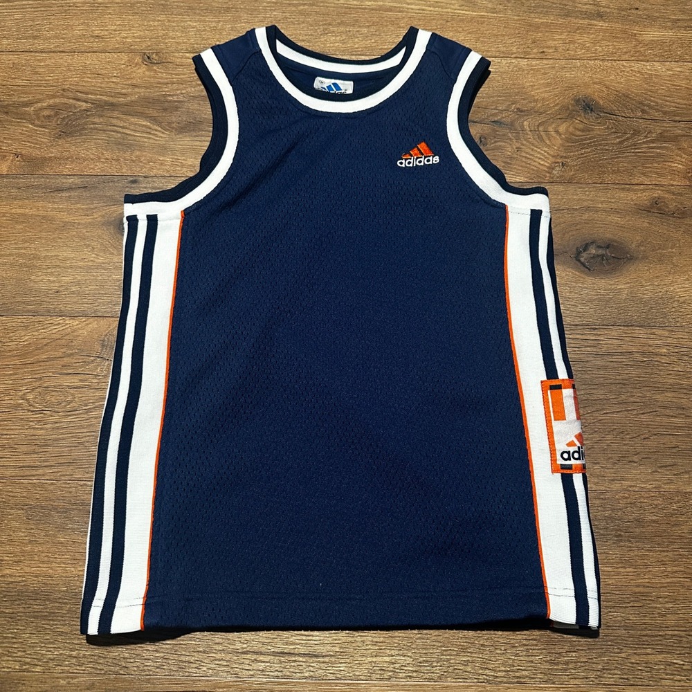 Vintage Adidas Navy Blue Mesh Basketball Jersey Kids Size Medium